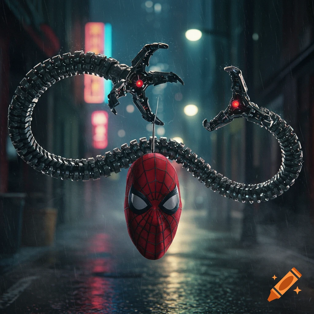 A Doctor Octopus mechanical tentacle holds a Spider-Man mask in a rainy, neon-lit alley at night, photorealistic.