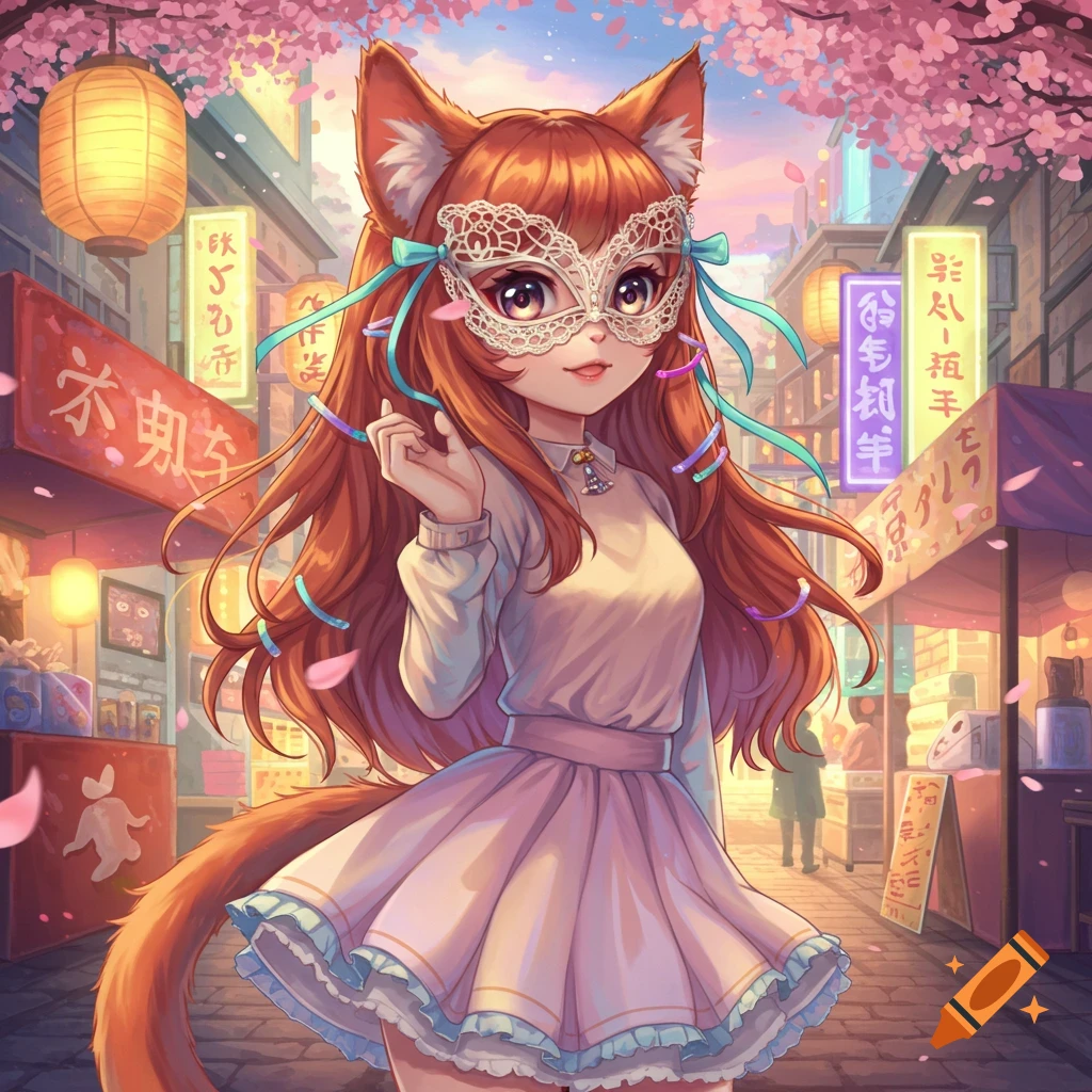 Anime cat girl with reddish-brown hair, cat ears, and tail, wearing a white lace mask and a pink skirt, standing in a Japanese-style street with cherry blossoms.