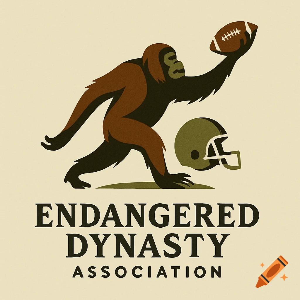 A minimalist logo in earth tones depicting an orangutan silhouette reaching for a football, with a helmet and the text 'ENDANGERED DYNASTY ASSOCIATION'.