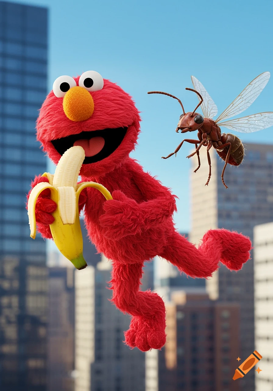 Photorealistic image of Elmo holding a peeled banana in front of a city skyline, with a large winged ant flying nearby.