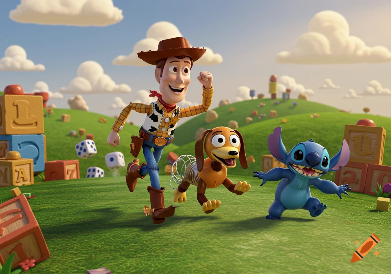 Woody, Slinky Dog, and Stitch, animated characters, run across a green, grassy field with toy blocks under a blue sky.