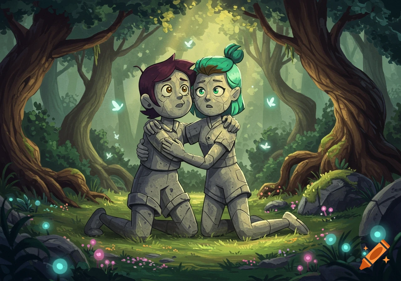 Cartoon characters Luz and Amity as stone statues embracing in a magical forest with glowing butterflies.