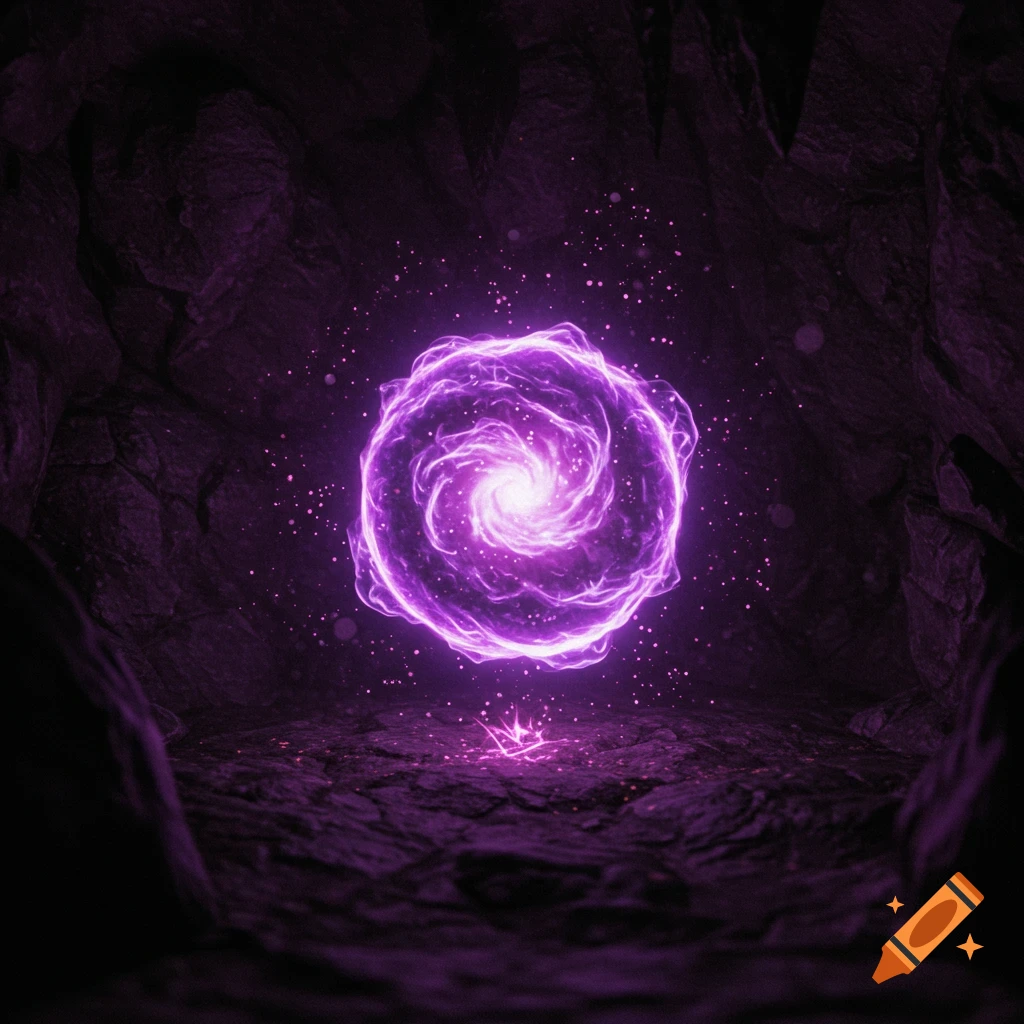 A vibrant, swirling purple energy orb glows brightly in a dark, rocky cave.
