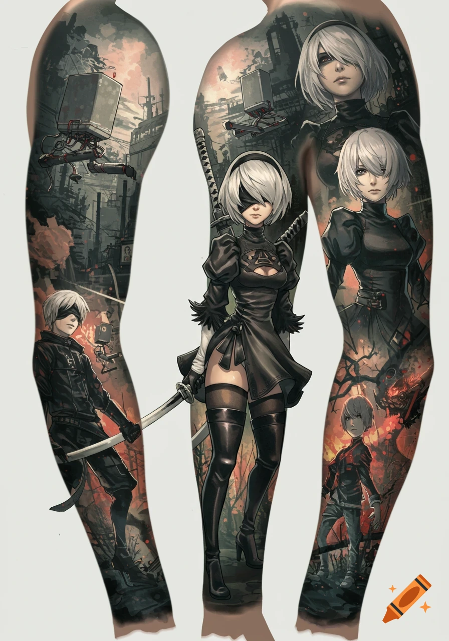 A full arm sleeve tattoo concept featuring multiple anime-style characters from Nier: Automata, including 2B and 9S, amidst a dystopian cityscape.