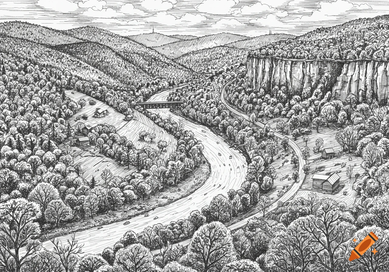 A detailed black and white fine line sketch of a mountainous landscape with a winding river, dense forests, scattered cabins, and a bridge crossing the river.