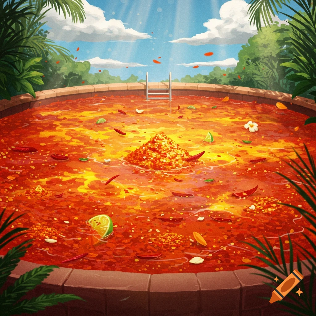 An illustrated swimming pool filled with a red and orange spice mixture, floating lime slices, and chilies, surrounded by tropical foliage under a sunny sky.
