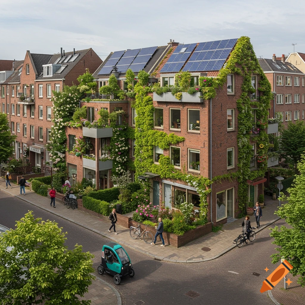 Aerial view of a vibrant city block with brick row houses, featuring extensive green ivy, rooftop gardens, and solar panels. People walk and cycle on the sidewalks.