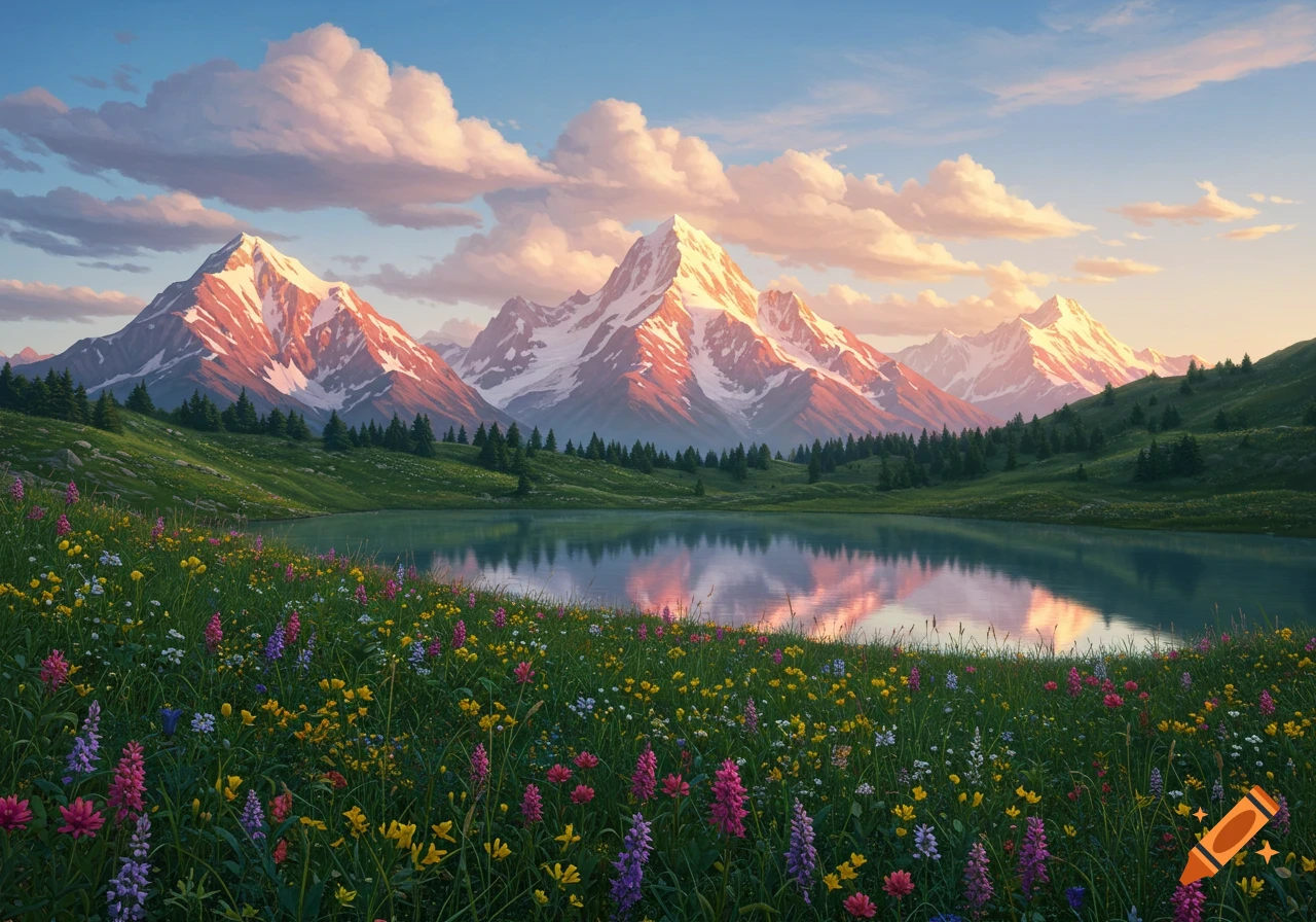 A vibrant landscape of snow-capped mountains reflecting in a clear lake, surrounded by a meadow of colorful wildflowers under a partly cloudy sky.