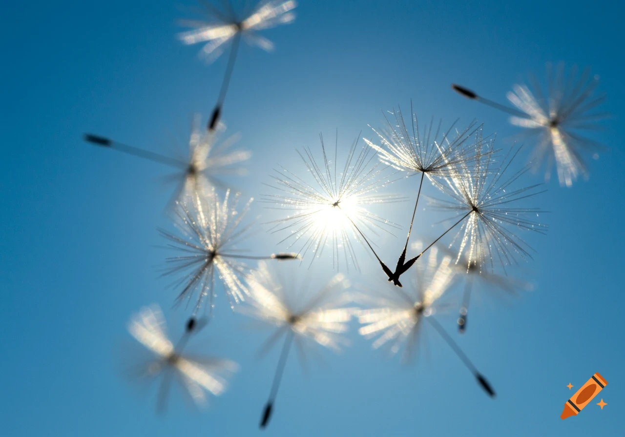 Close-up of dandelion seeds floating against a bright blue sky, backlit by the sun.
