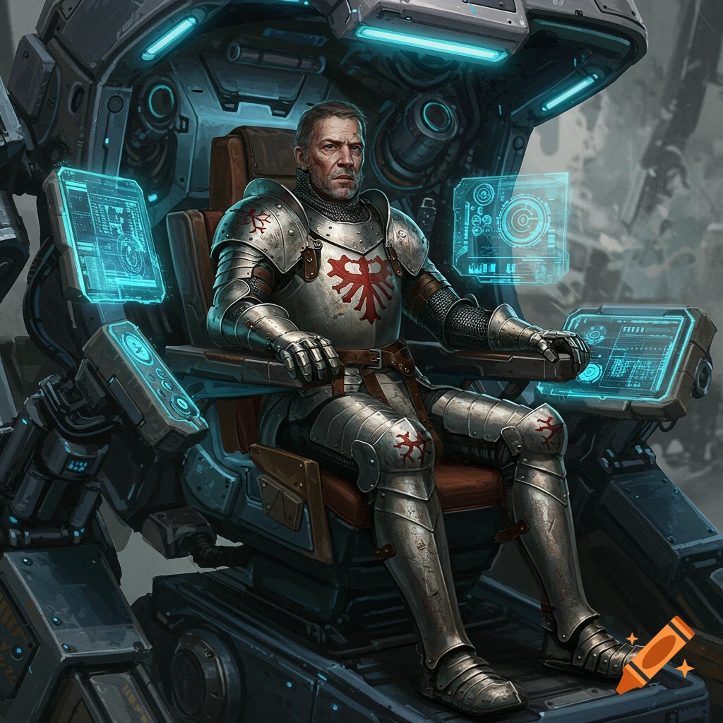 A man in medieval knight armor sits in the cockpit of a futuristic grey and blue mech, looking forward. Photorealistic style.