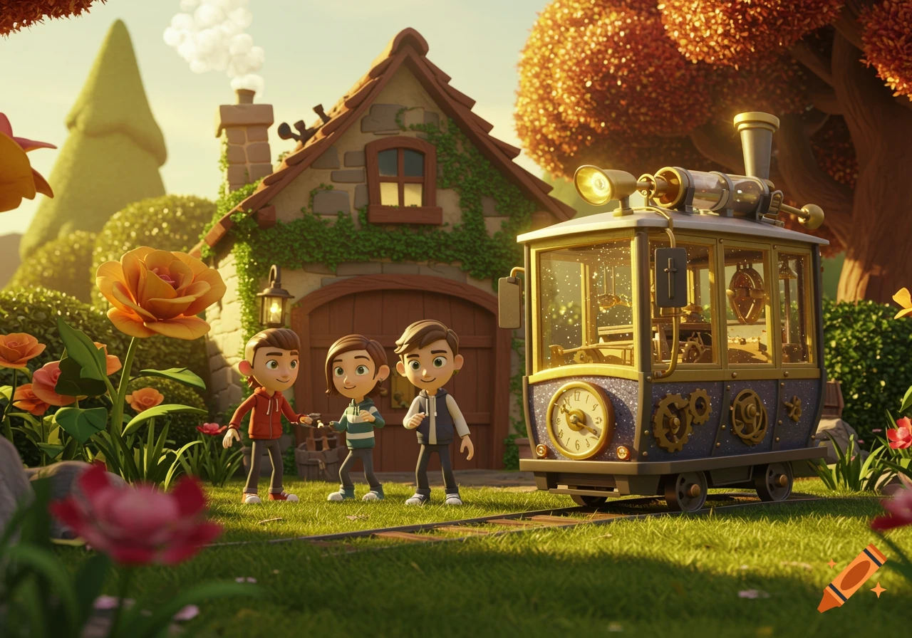 Three cartoon boys stand in a lush, magical garden beside a whimsical, clockwork time trolley and a charming cottage. 3D toon style.