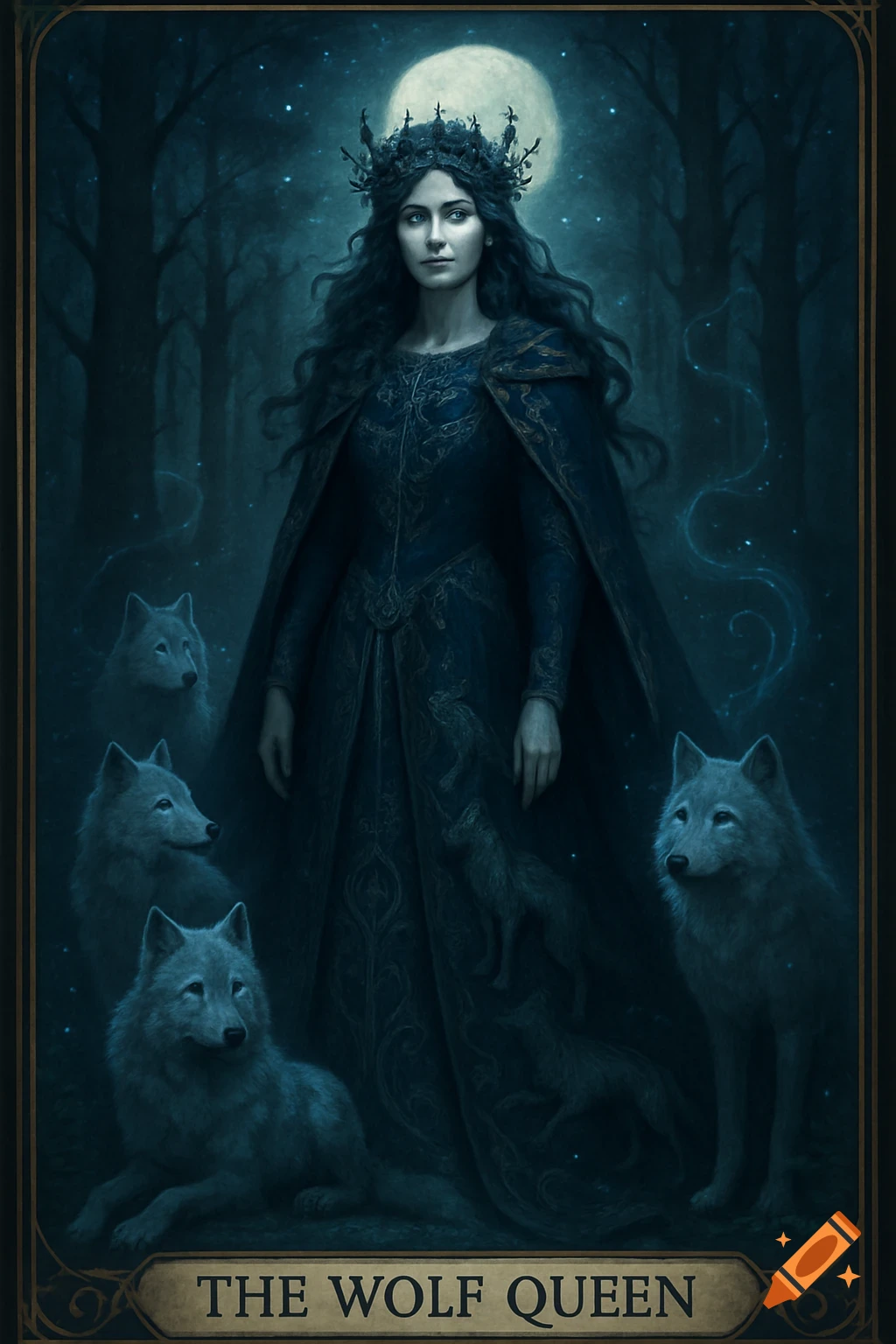 A woman in a dark dress and crown stands in a moonlit forest with wolves, stylized as a tarot card.