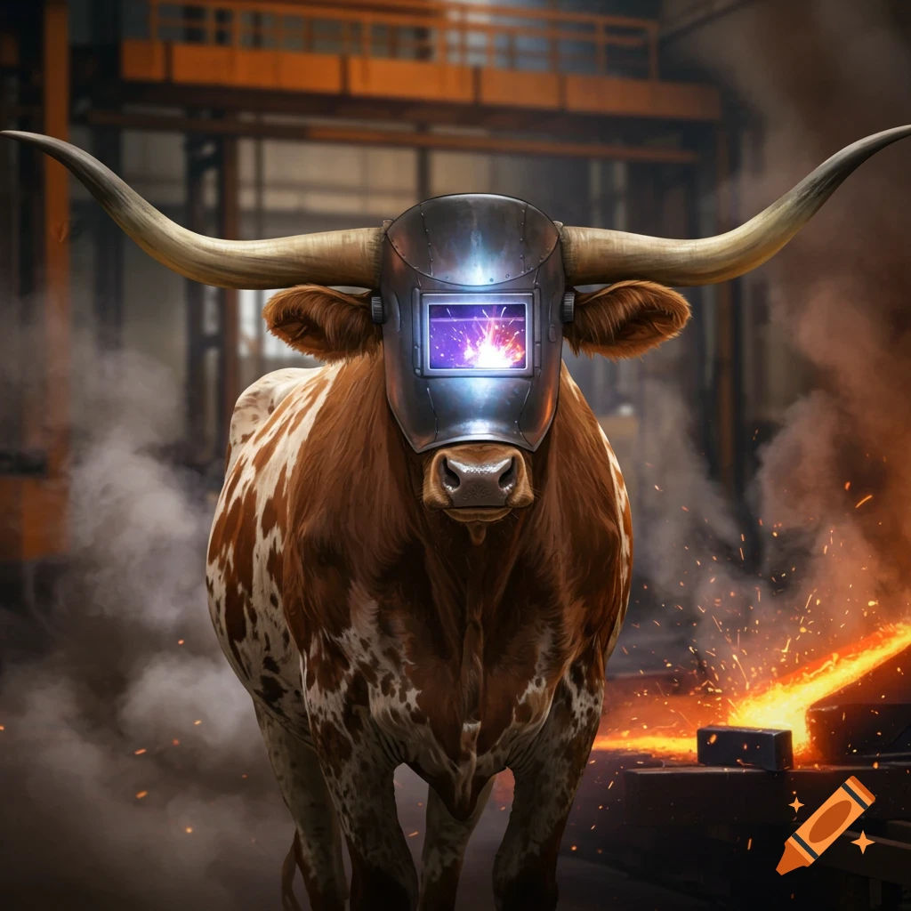 A photorealistic longhorn bull wearing a welding mask, with sparks and smoke from welding in an industrial background.