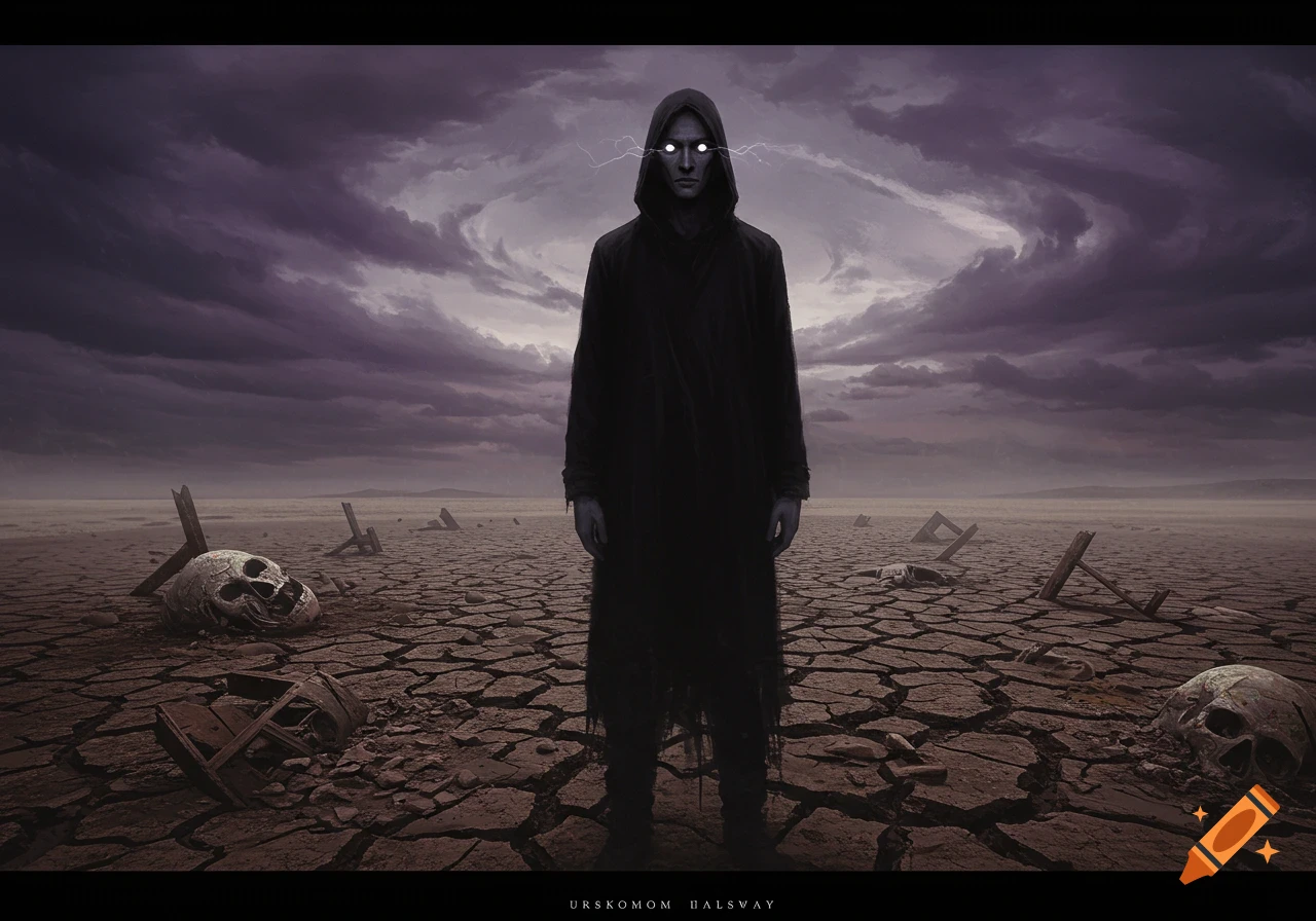 A dark hooded figure with glowing white eyes stands in a desolate, cracked wasteland under a stormy purple sky, with skulls scattered around.