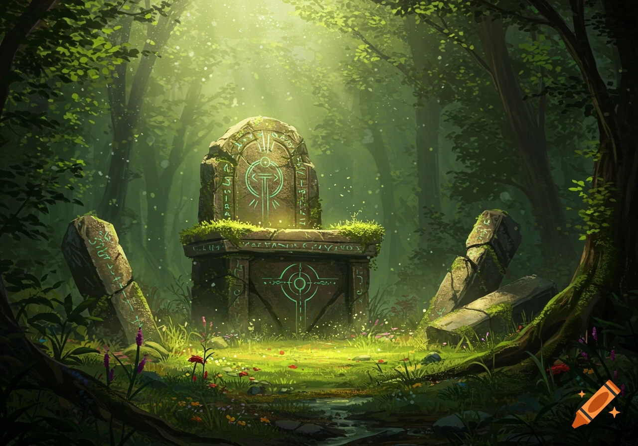 An ancient, moss-covered stone altar with glowing runes stands in a sunlit, lush green forest with other scattered ruins.