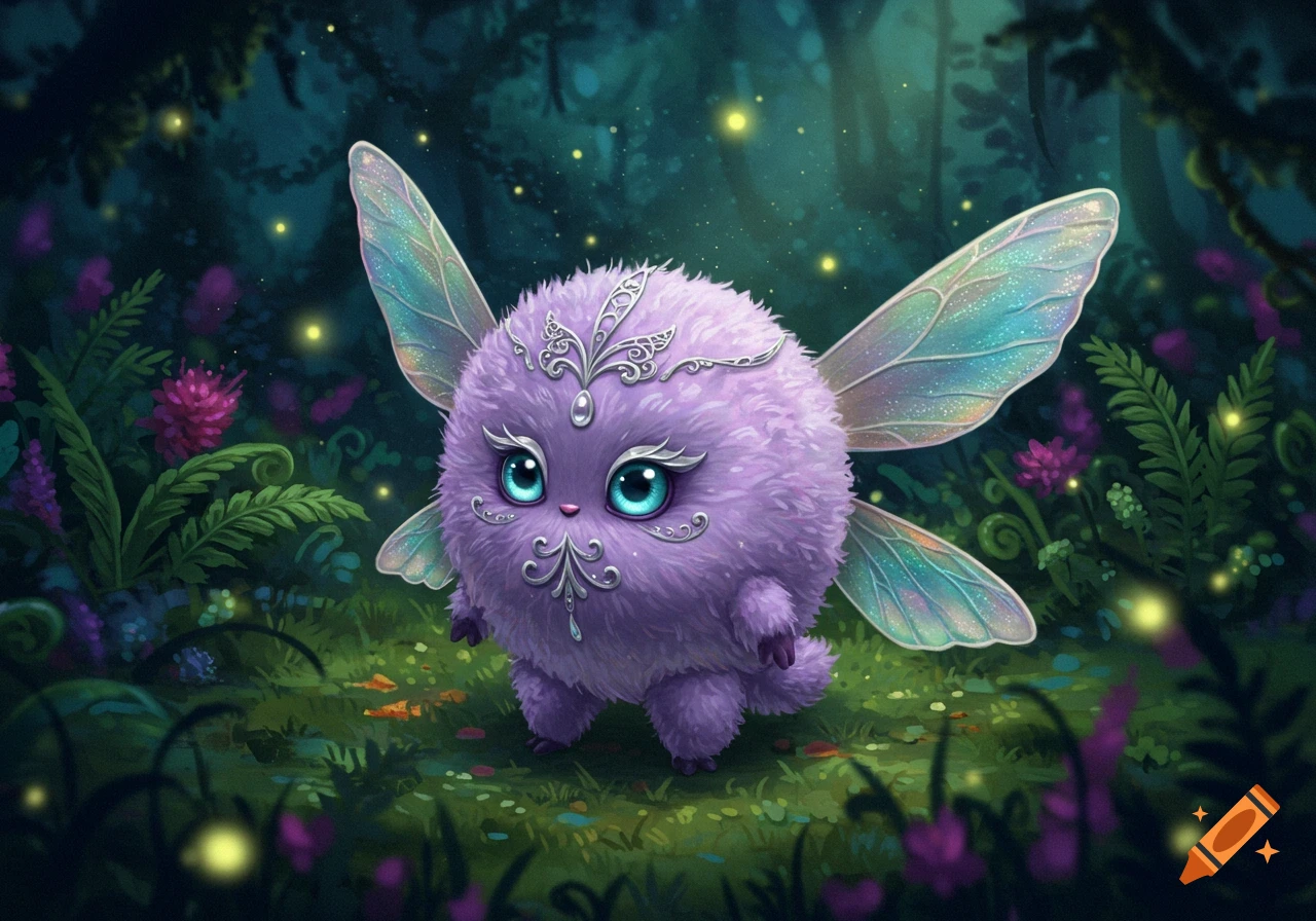 A fluffy purple fairy creature with large blue eyes and iridescent wings, adorned with silver, stands in a magical forest.