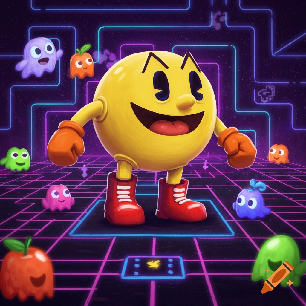 A cartoon Pac-Man character with red boots stands in a neon maze surrounded by colorful ghost characters.