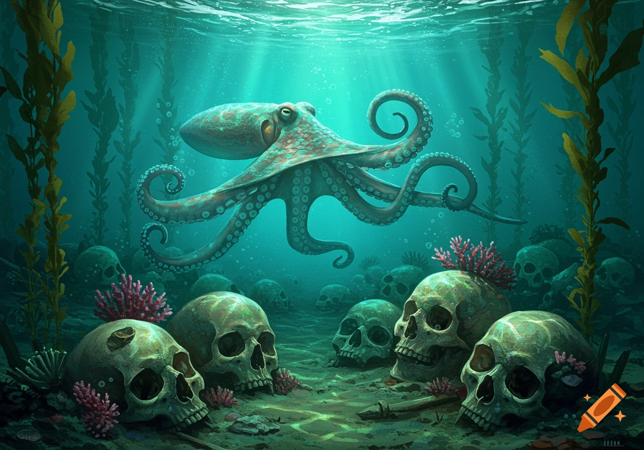 An octopus swims above a seabed littered with human skulls and kelp, bathed in rays of light from the water's surface.