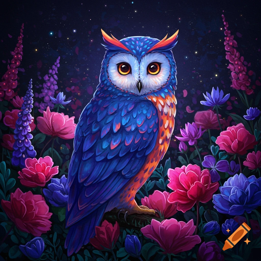 Vibrant blue and orange owl amidst colorful pink and purple flowers under a starry night sky.