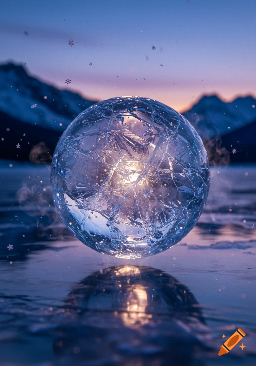 A glowing, cracked ice sphere floats above a frozen surface with snow-capped mountains and a colorful sunset sky in the background.
