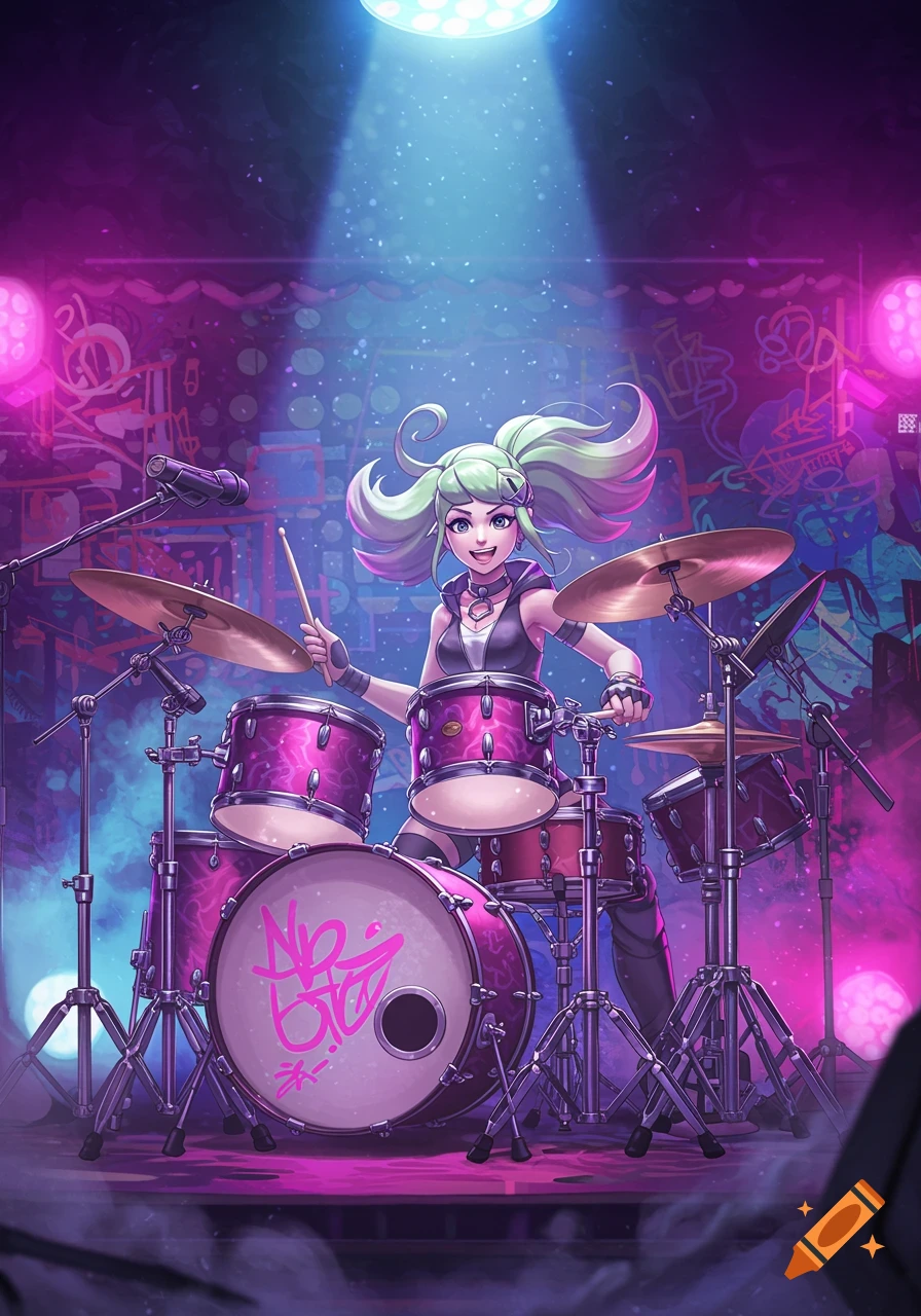 An anime-style girl with light green hair, wearing a crop top, playing a pink and purple drum kit on a brightly lit stage.