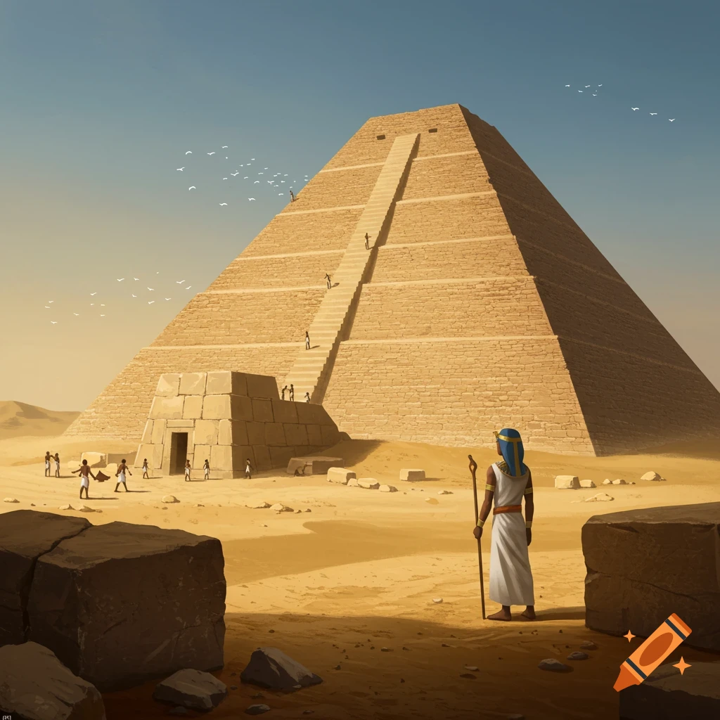 Digital illustration of an ancient Egyptian pyramid in a desert, with people climbing its steps and a figure in Egyptian attire in the foreground.