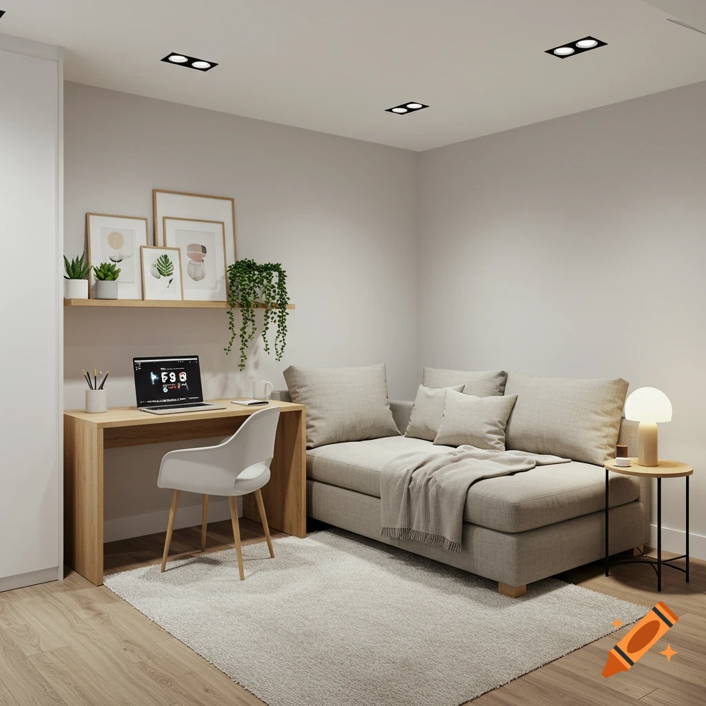 A minimalist room features a light wood desk, a white chair, a laptop, and a large beige daybed, with light fixtures on the ceiling.