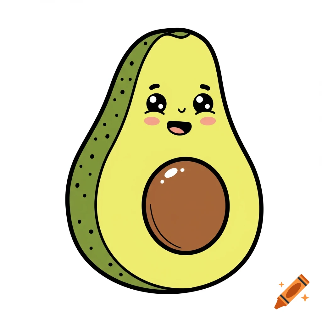A cute cartoon avocado with a smiling face and a large pit, depicted in simple black and white line art with color fills.