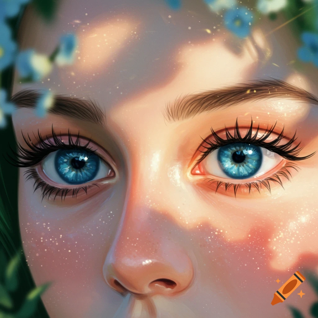 Close-up of bright blue eyes with long eyelashes, illuminated by dappled sunlight and surrounded by blue flowers.