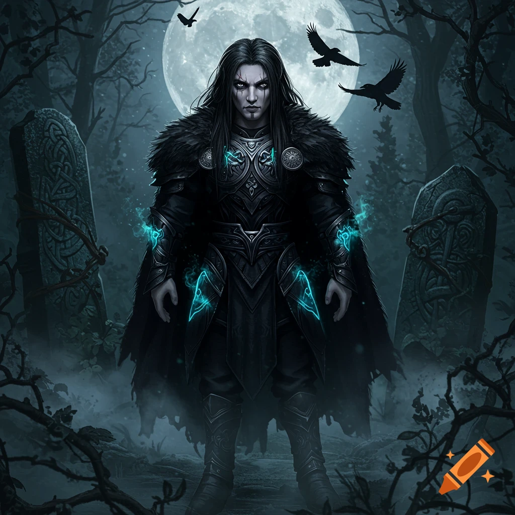 A stylized dark fantasy man with long black hair, a forehead scar, and glowing blue accents on his armor, stands in a misty graveyard under a full moon with ravens flying.