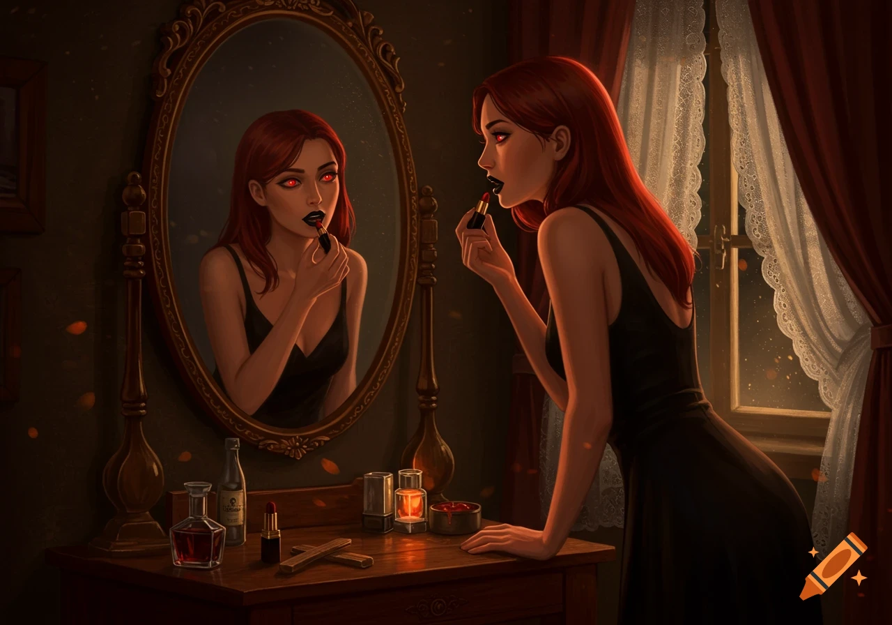 Red-haired woman with red eyes applies black lipstick, reflected in a mirror on a vanity table.