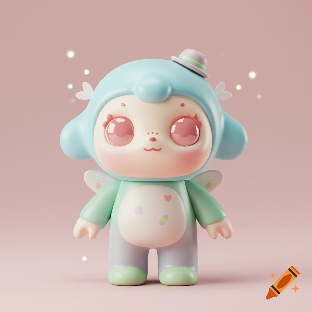 A cute, pastel-colored vinyl toy figure in Pop Mart style, featuring a light blue head with large pink eyes, a small pink hat, a mint green body with small wings, and various small colored shapes on its belly, all set against a soft pink background.