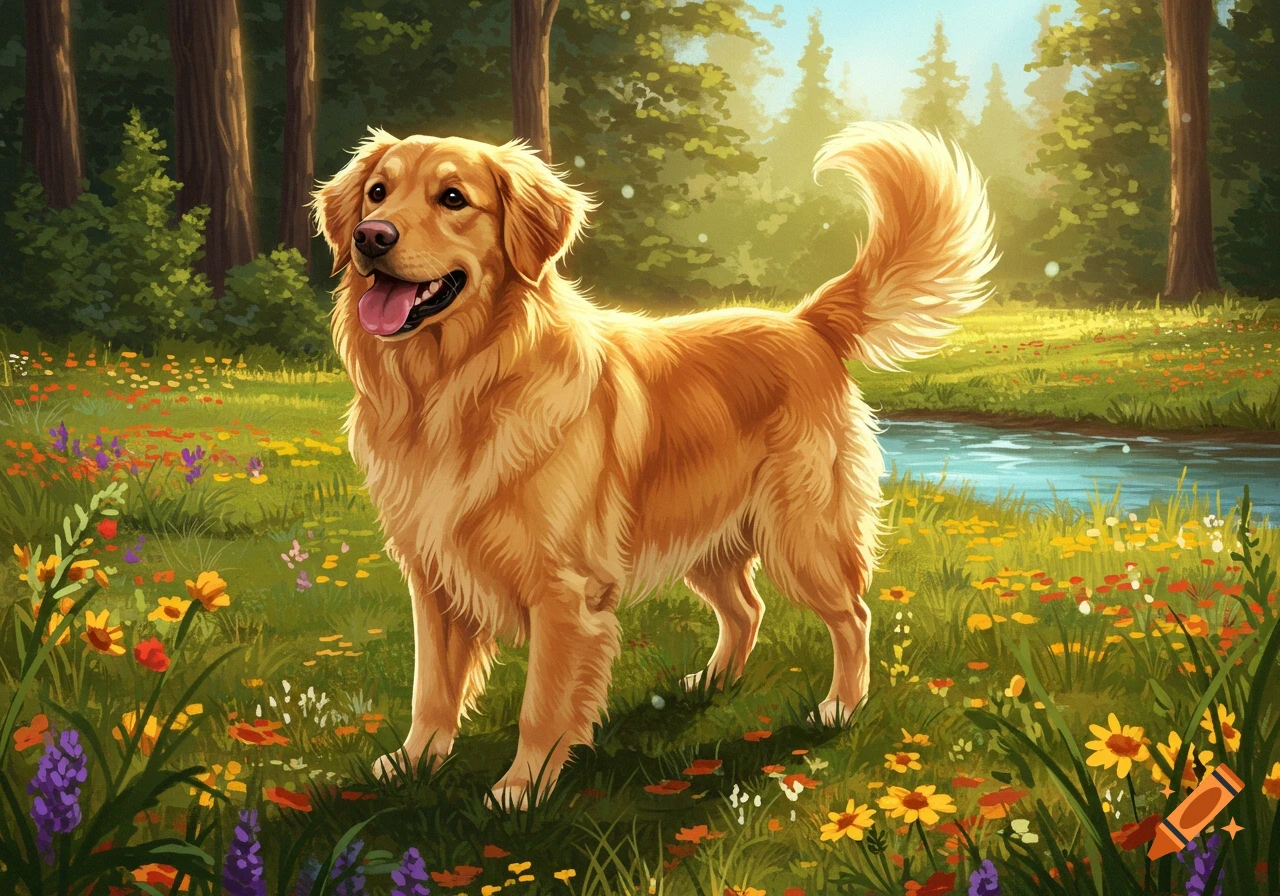 A happy golden retriever stands in a sunny, flower-filled meadow next to a stream, surrounded by trees.