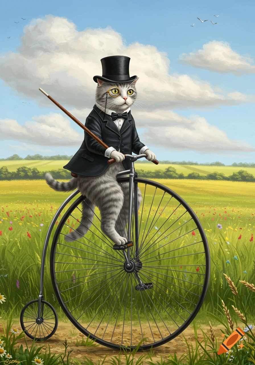 A sophisticated gray cat in a top hat, monocle, and suit rides a penny-farthing bicycle through a sunny, flower-filled field.