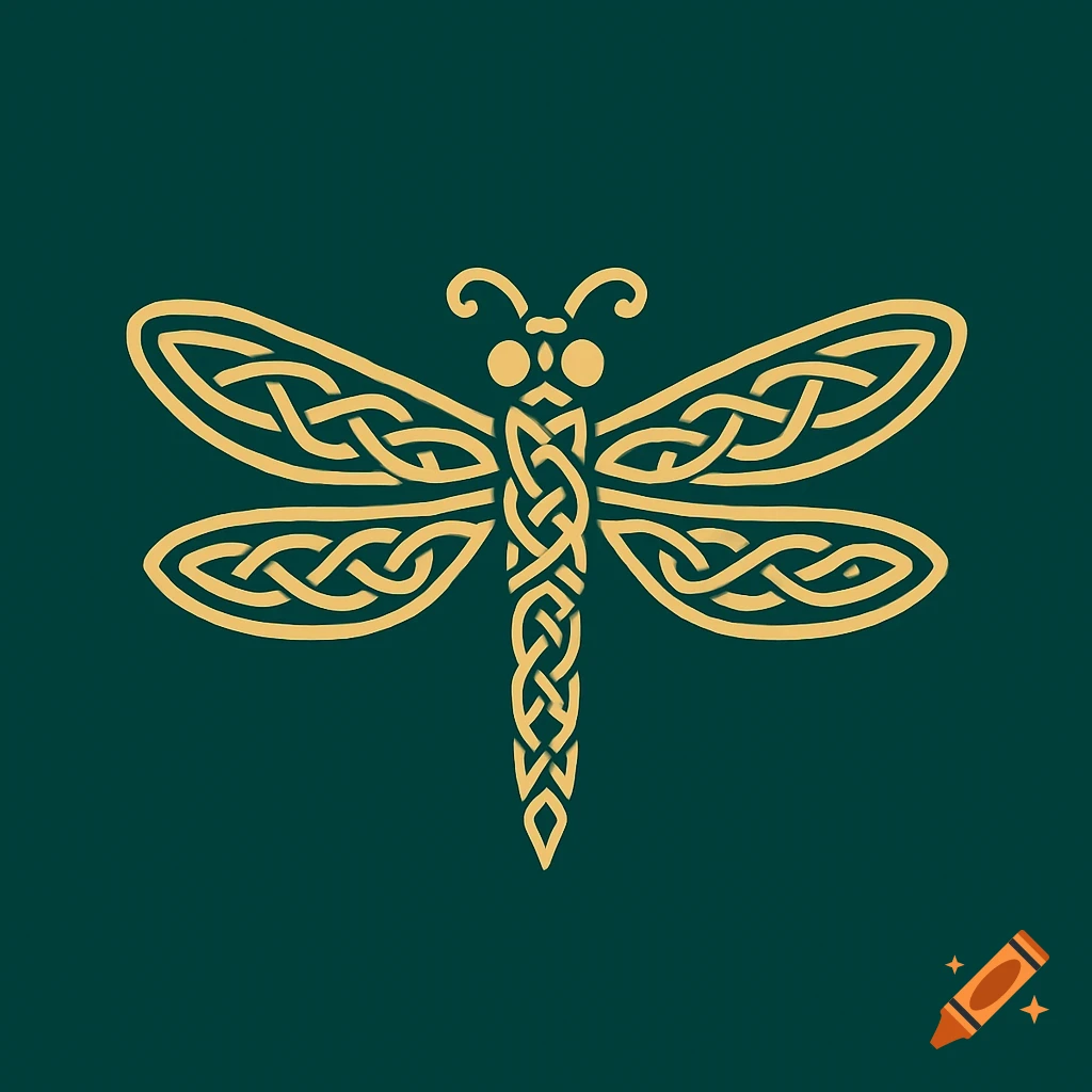 A golden Celtic knot dragonfly logo on a dark teal background.