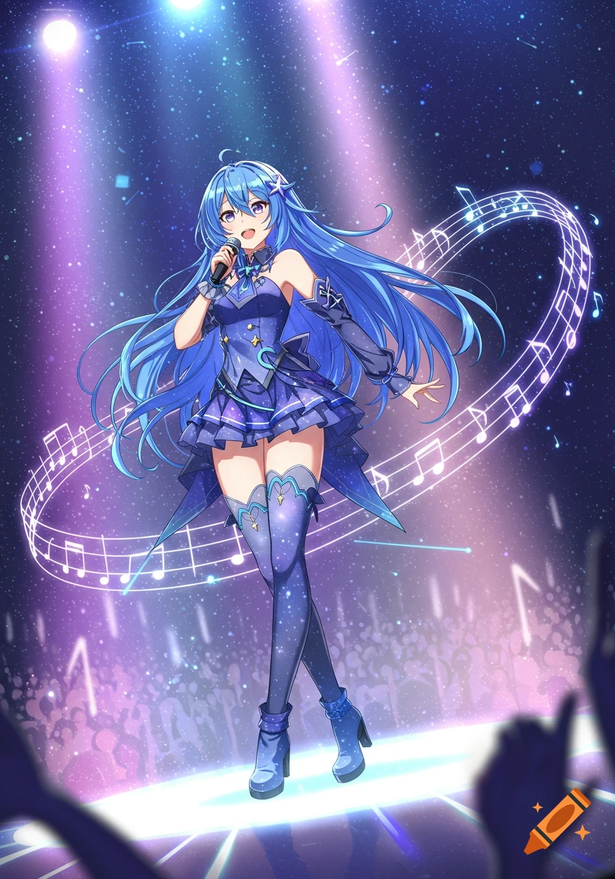 A blue-haired anime girl in a starry outfit sings on stage with a microphone, surrounded by musical notes and purple spotlights.
