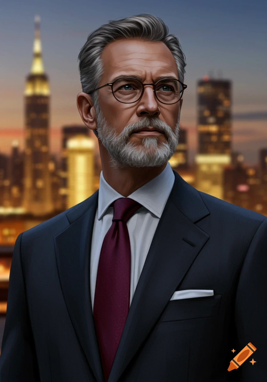 A distinguished grey-haired man with a beard and glasses in a dark suit and maroon tie stands against a blurred cityscape at dusk.
