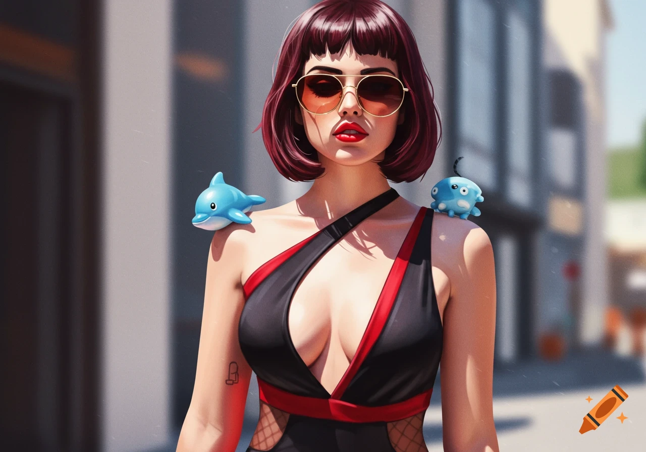 A woman with short red hair and sunglasses wears a black and red dress, with a blue dolphin and a blue creature on her shoulders, in a digital art style.