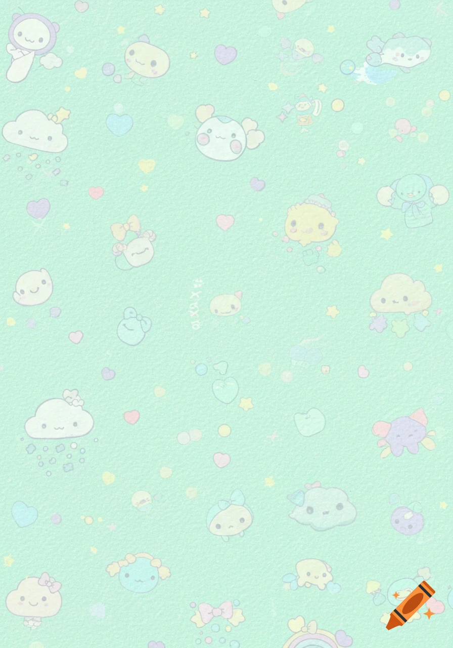 A seamless light mint green digital paper with a textured surface, featuring an array of pastel-colored kawaii-style characters, hearts, and stars.