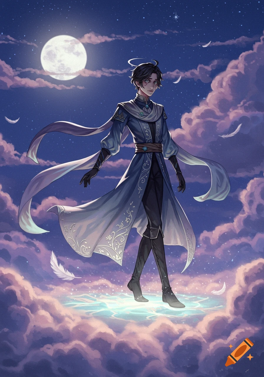 An anime-style male character in blue robes and a halo floats on luminous clouds under a full moon and starry night sky.
