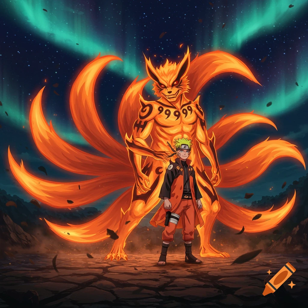 Naruto Uzumaki stands in his Sage of Six Paths mode in front of a giant, glowing orange nine-tailed fox with aurora lights in the sky.
