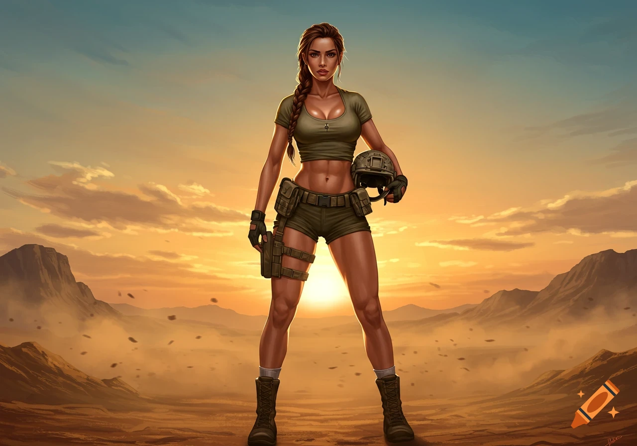 A strong female adventurer in a crop top and shorts stands in a desert at sunset, holding a helmet, in a video game art style.