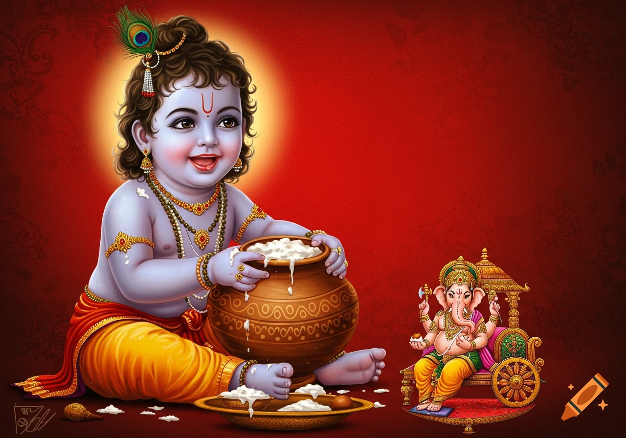 Colorful illustration of baby Krishna eating butter from a pot with a red background, and Ganeshji in a chariot.