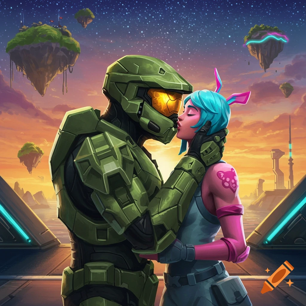 Master Chief from Halo kissing a Fortnite character in a stylized sci-fi landscape with floating islands under a starry twilight sky.