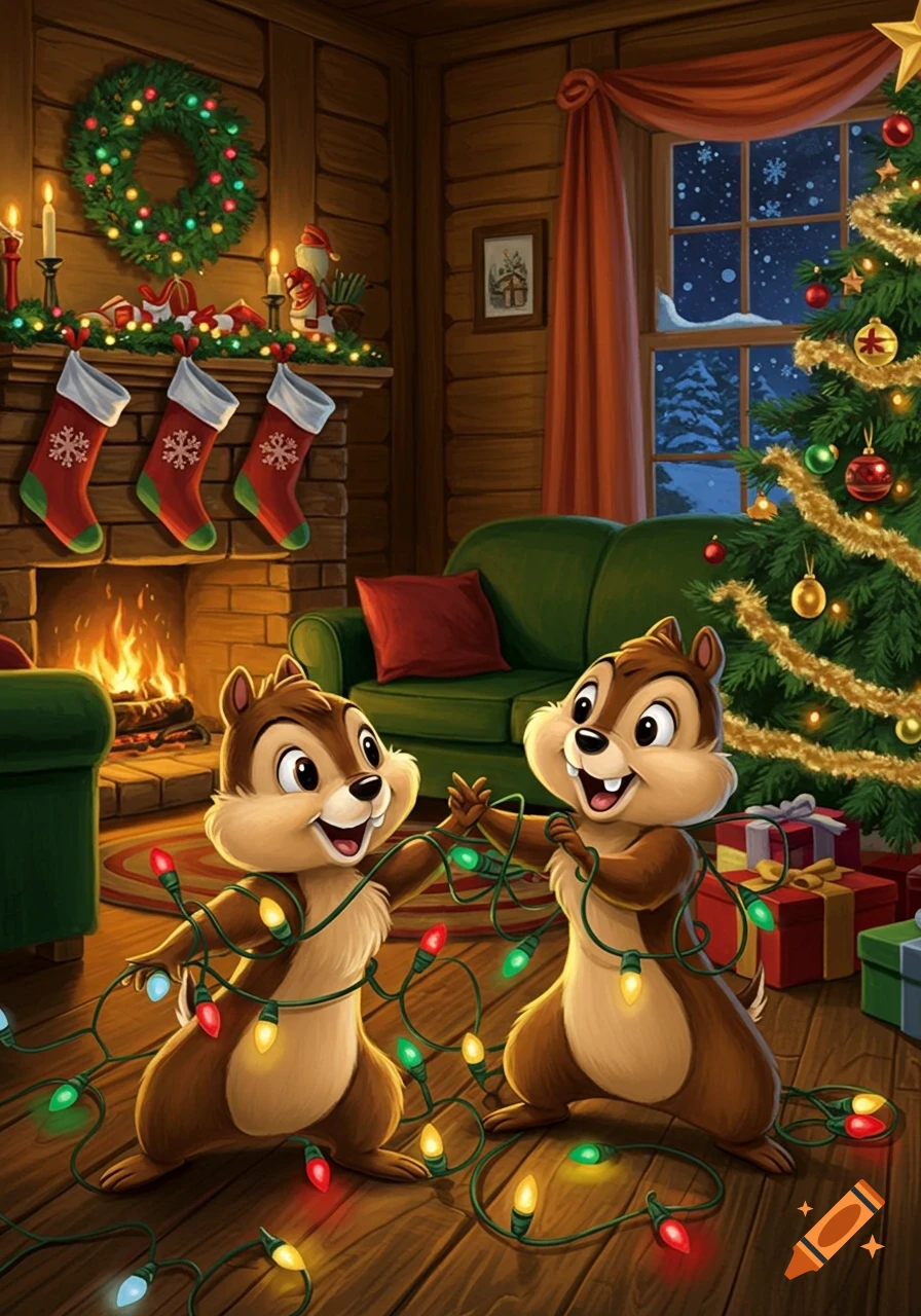 Chip and Dale, cartoon chipmunks, tangled in colorful Christmas lights in a cozy, decorated living room with a fireplace and Christmas tree.