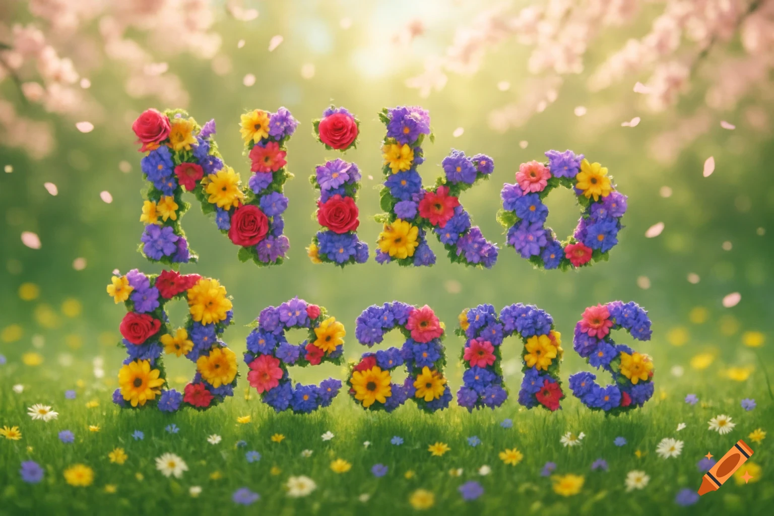 The words "Niko Beans" are spelled out in colorful flowers, set in a sunny green field with a soft-focus background of pink blossoms.