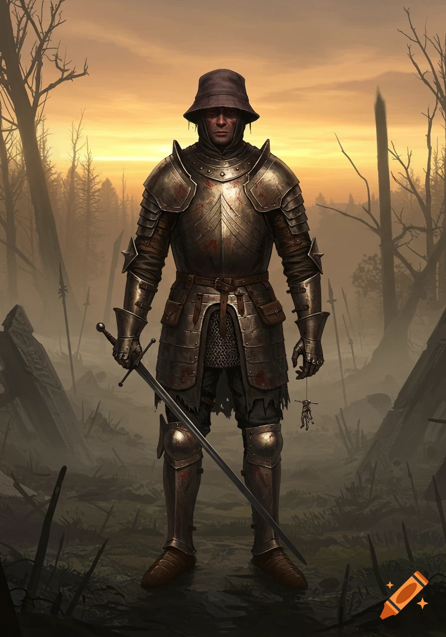 A somber knight in blood-splattered medieval armor and a bucket hat stands in a desolate, foggy landscape at sunset, holding a sword and a small crucified figure.