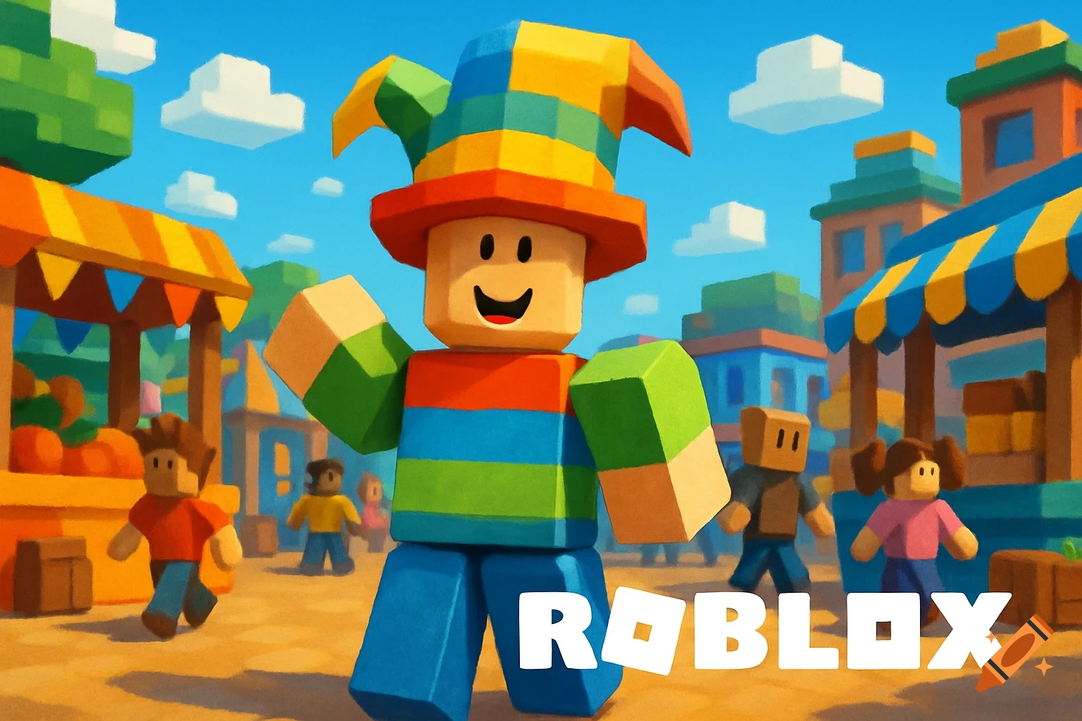 A colorful Roblox character in a jester hat stands in a blocky marketplace with other characters, with 'ROBLOX' text.