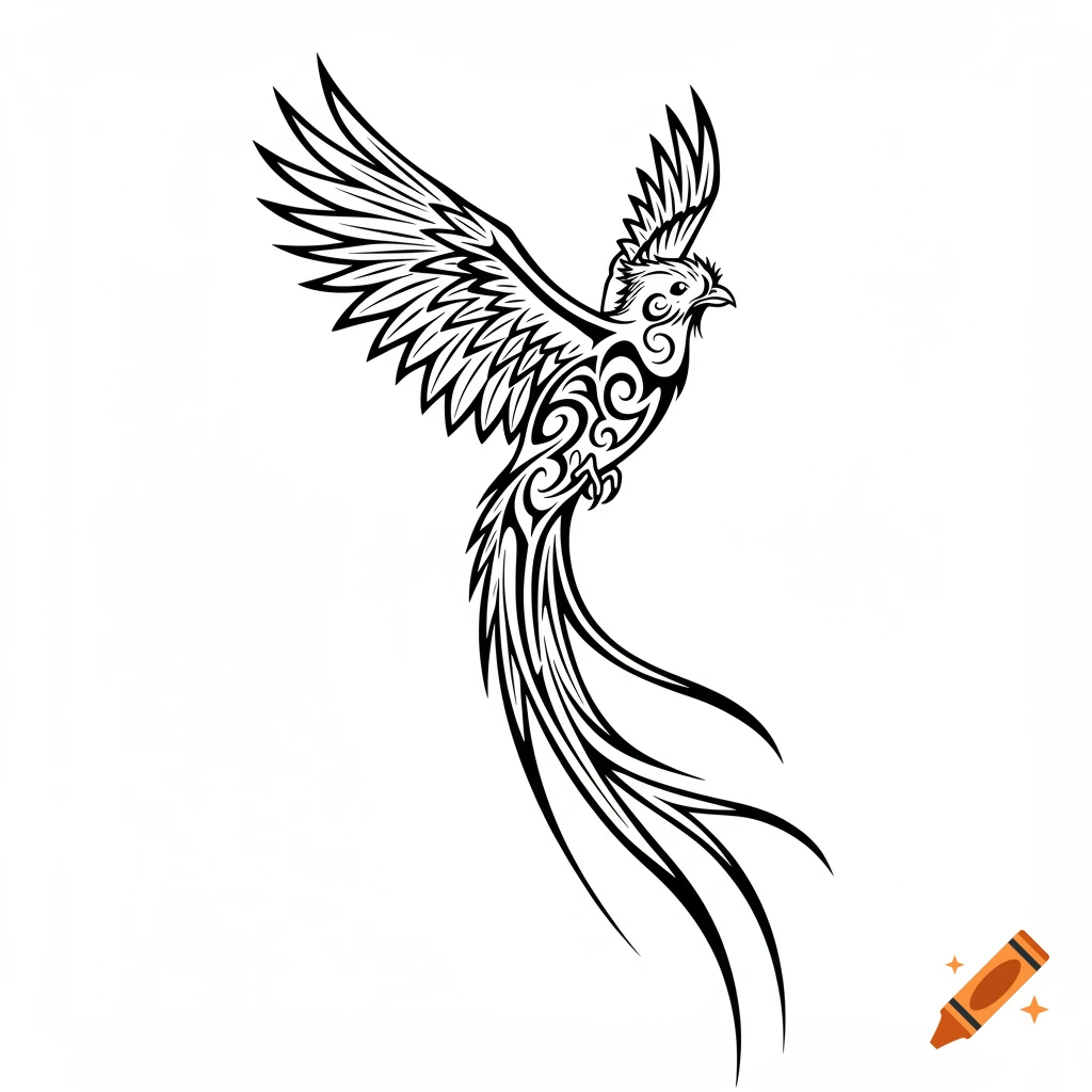 Black outline tribal-style tattoo design of a Quetzal bird with intricate patterns and long tail feathers.
