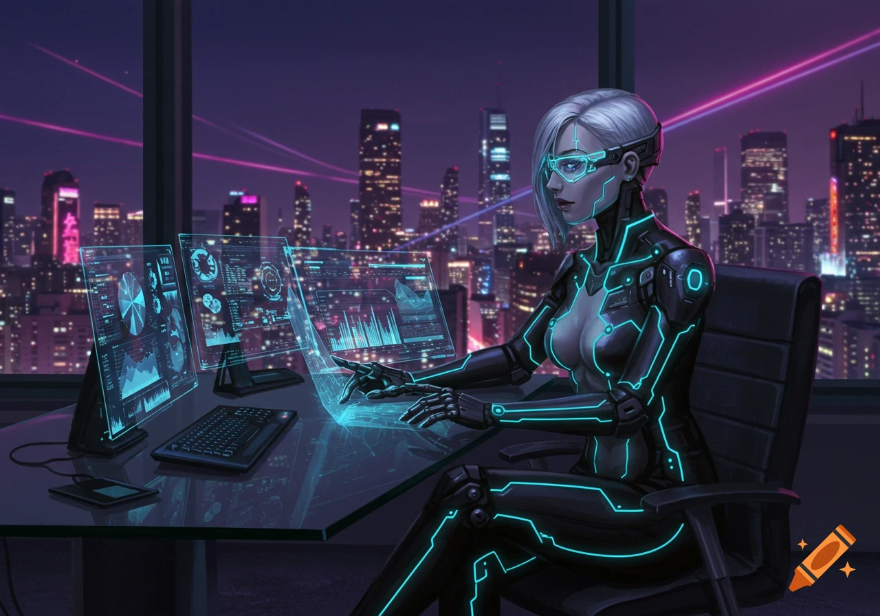A cyberpunk woman with silver hair and glowing glasses works at a desk with holographic screens, overlooking a neon-lit city at night.